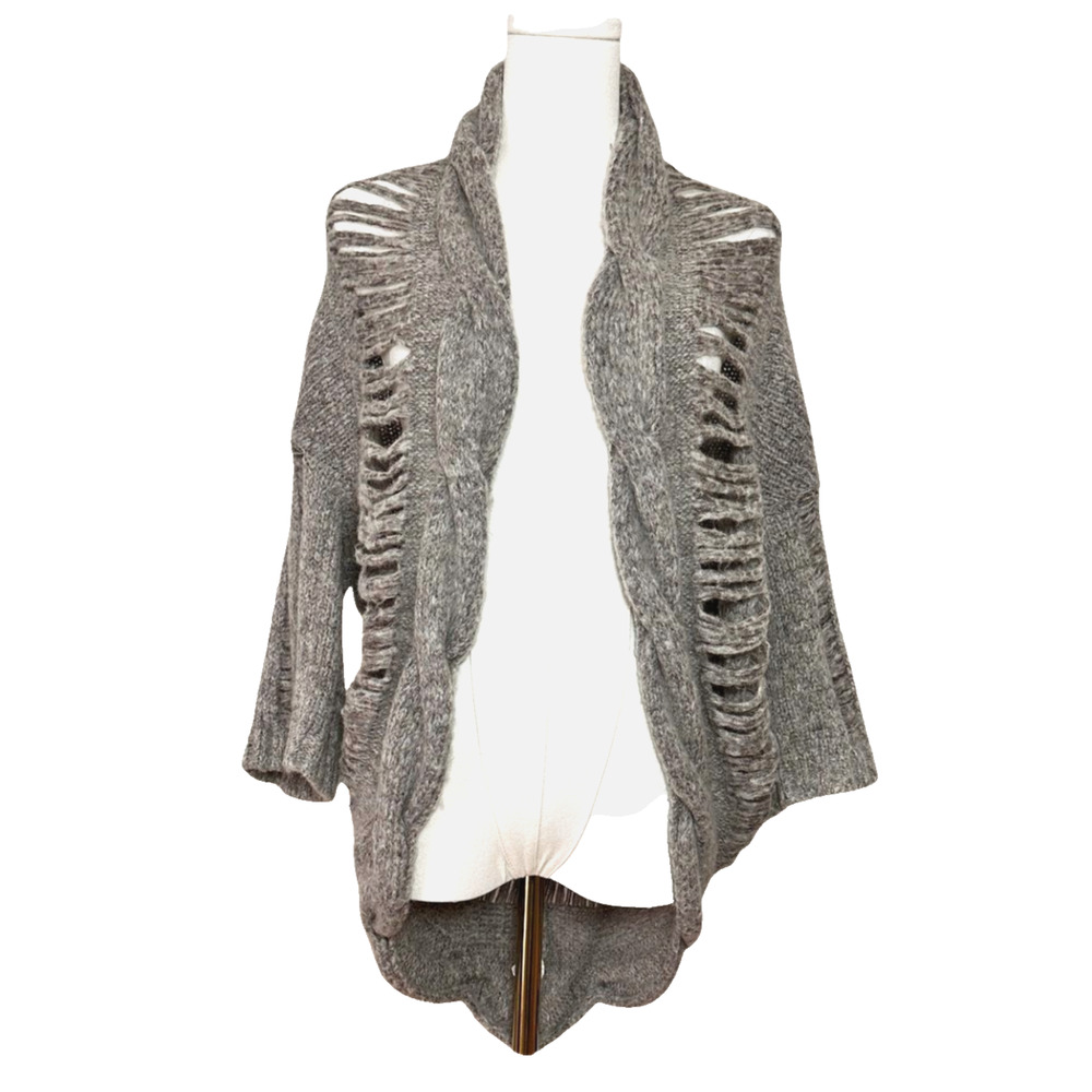 Pauln KC Gray Distressed Open Front Shawl Cardigan 3/4 Sleeve Medium Boho